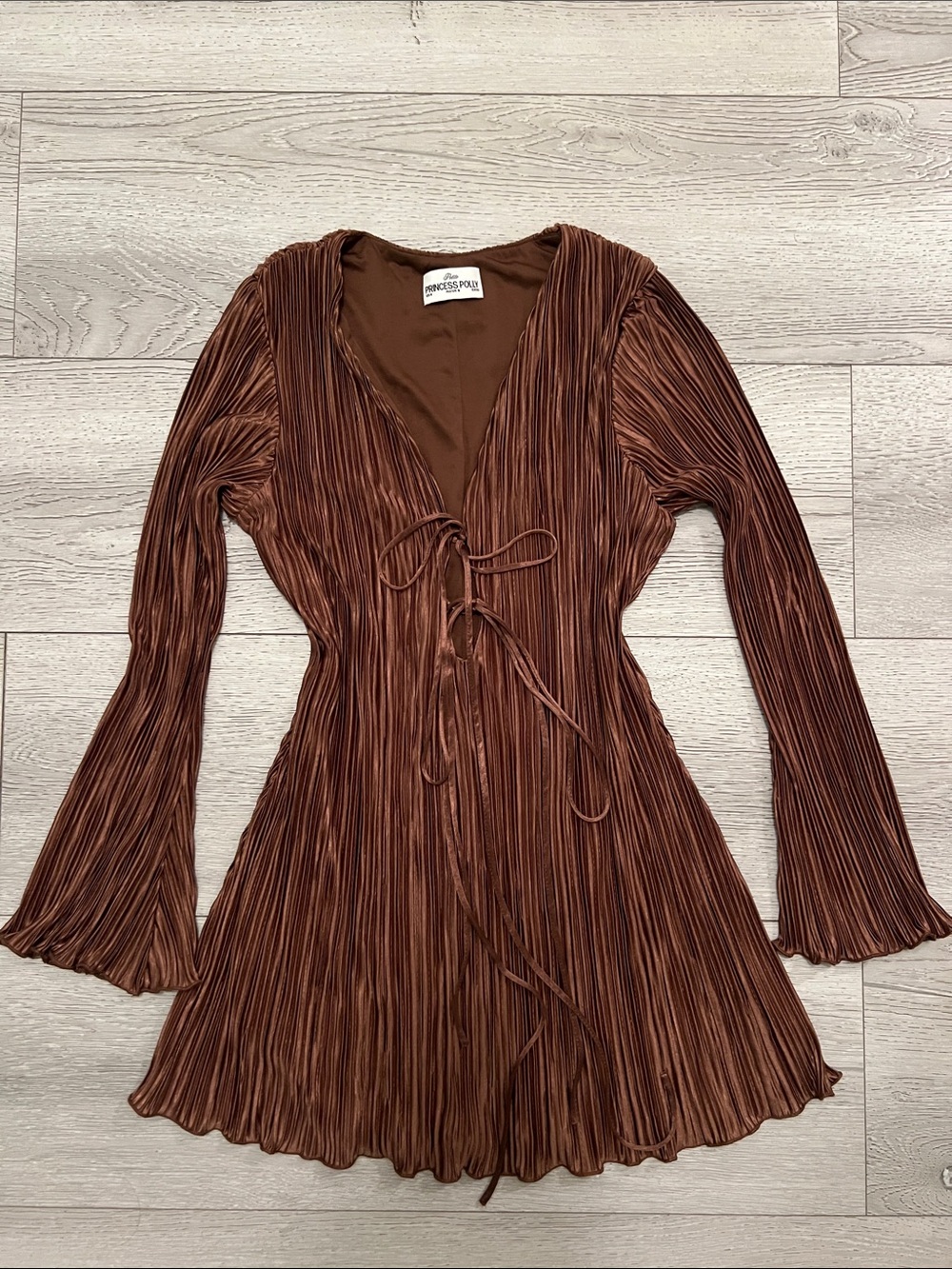 Pleated Brown Long-Sleeve Tie-Front Mini Dress